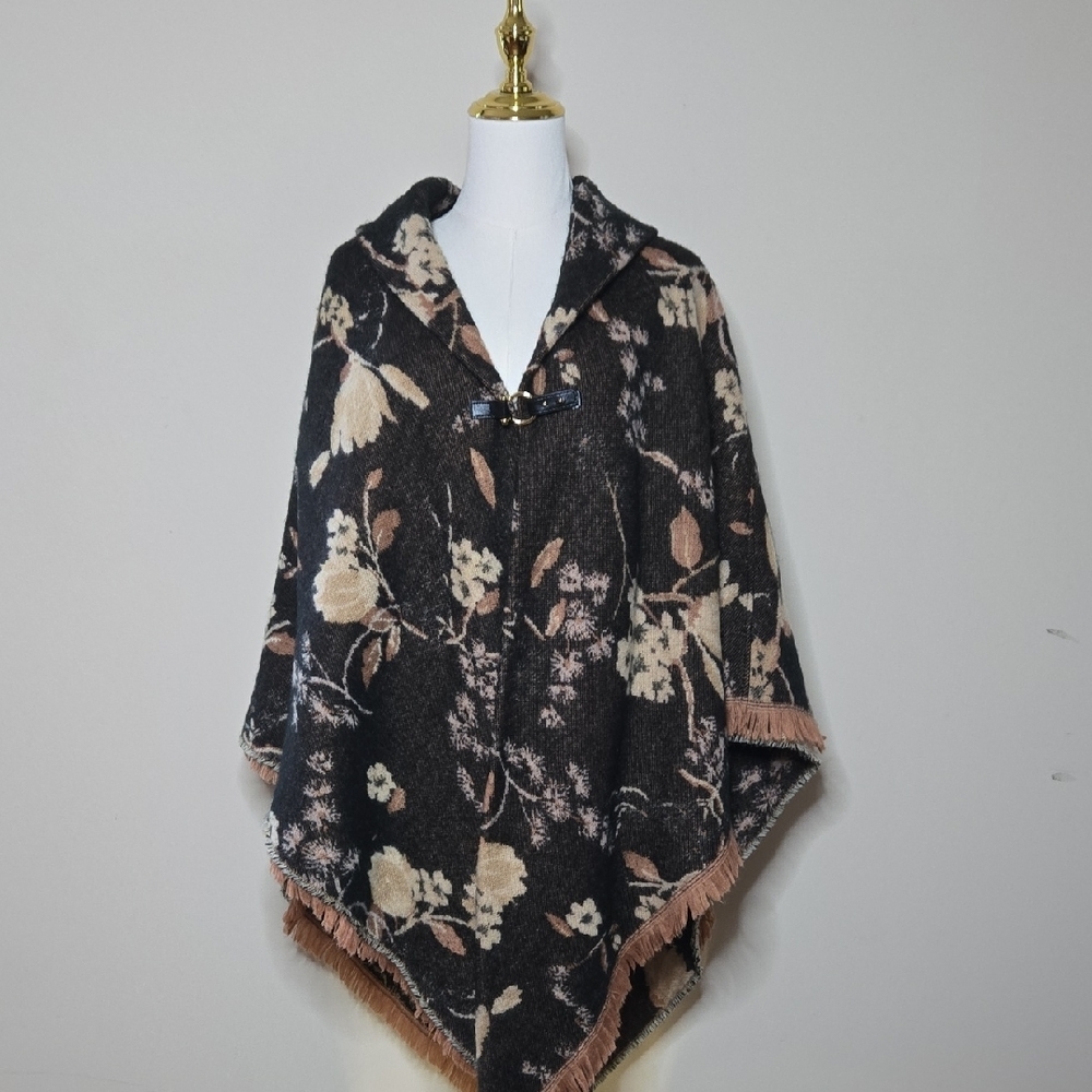 Marc New York Brown & Cream Floral Shrug Sweater Boho Western Fringe Heritage - Picture 2 of 9